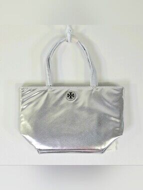 NWT TORY BURCH METALLIC SILVER MINI TOTE BAG WITH STRAP.
